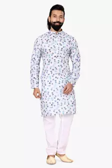 Men Off White Cotton Digital Printed Kurta Churidar Set