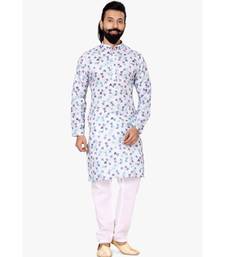 Men Off White Cotton Digital Printed Kurta Churidar Set