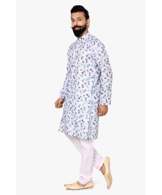 Men Off White Cotton Digital Printed Kurta Churidar Set 3