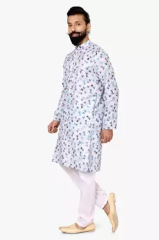 Men Off White Cotton Digital Printed Kurta Churidar Set