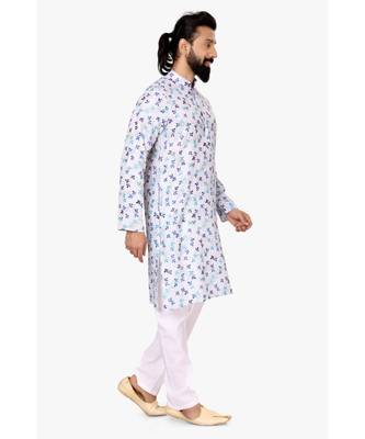 Men Off White Cotton Digital Printed Kurta Churidar Set 4