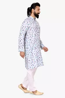 Men Off White Cotton Digital Printed Kurta Churidar Set
