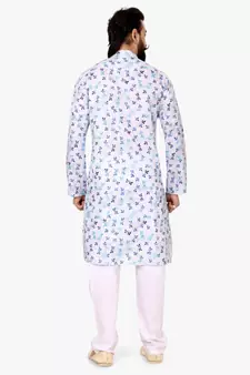 Men Off White Cotton Digital Printed Kurta Churidar Set