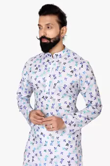 Men Off White Cotton Digital Printed Kurta Churidar Set