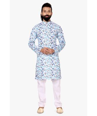 Men Off White Cotton Digital Printed Kurta Churidar Set 2