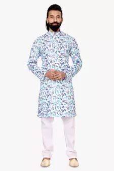 Men Off White Cotton Digital Printed Kurta Churidar Set