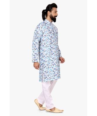 Men Off White Cotton Digital Printed Kurta Churidar Set 3