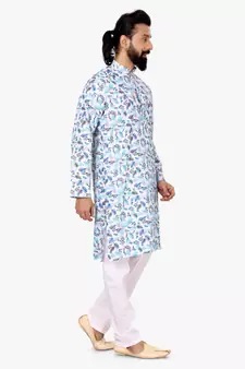 Men Off White Cotton Digital Printed Kurta Churidar Set
