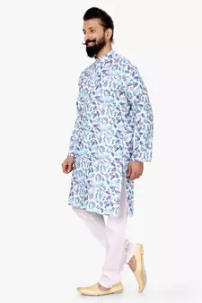 Men Off White Cotton Digital Printed Kurta Churidar Set