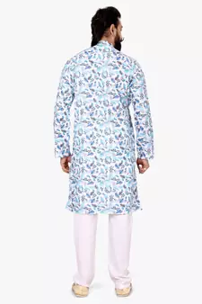 Men Off White Cotton Digital Printed Kurta Churidar Set
