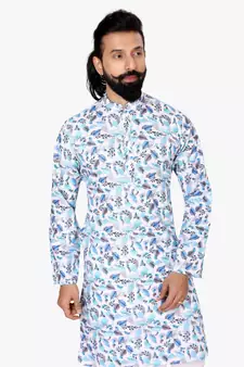 Men Off White Cotton Digital Printed Kurta Churidar Set