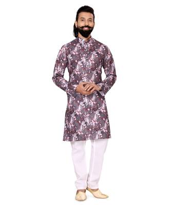 Men Brown Cotton Digital Printed Kurta Churidar Set 2