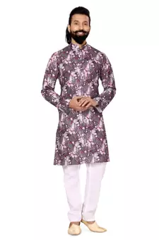 Men Brown Cotton Digital Printed Kurta Churidar Set