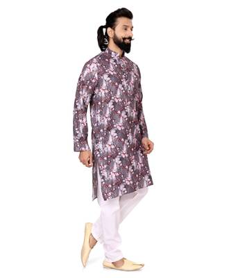 Men Brown Cotton Digital Printed Kurta Churidar Set 3