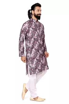 Men Brown Cotton Digital Printed Kurta Churidar Set