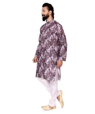 Men Brown Cotton Digital Printed Kurta Churidar Set 4