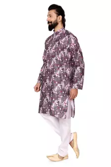 Men Brown Cotton Digital Printed Kurta Churidar Set