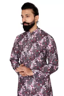 Men Brown Cotton Digital Printed Kurta Churidar Set