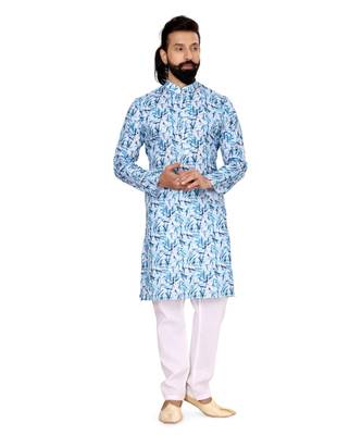 Men White Cotton Digital Printed Kurta Churidar Set 2