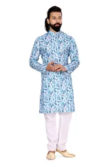 Men White Cotton Digital Printed Kurta Churidar Set