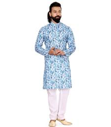Men White Cotton Digital Printed Kurta Churidar Set