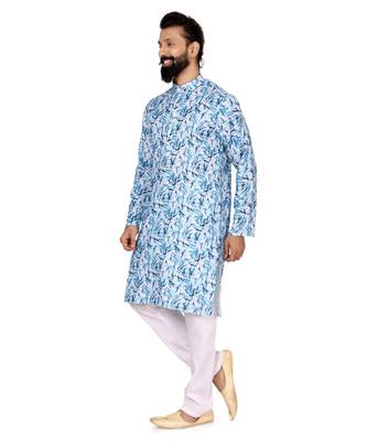 Men White Cotton Digital Printed Kurta Churidar Set 3