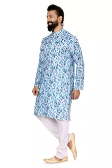 Men White Cotton Digital Printed Kurta Churidar Set