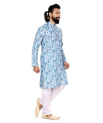 Men White Cotton Digital Printed Kurta Churidar Set 4