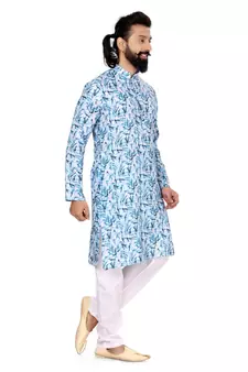 Men White Cotton Digital Printed Kurta Churidar Set