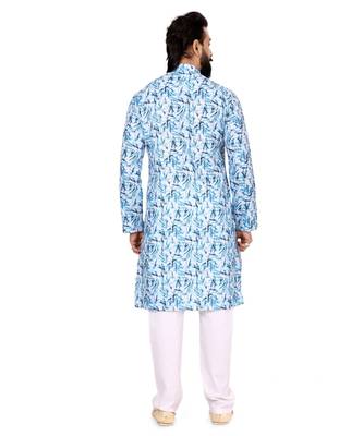 Men White Cotton Digital Printed Kurta Churidar Set 5