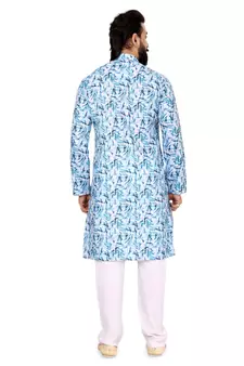 Men White Cotton Digital Printed Kurta Churidar Set