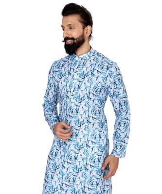 Men White Cotton Digital Printed Kurta Churidar Set 6