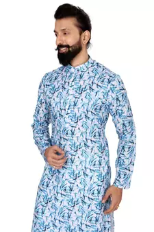 Men White Cotton Digital Printed Kurta Churidar Set