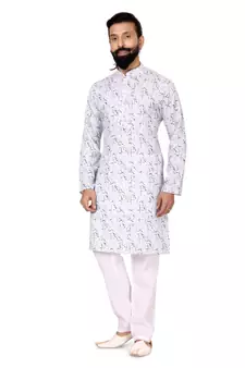 Men Off White Cotton Digital Printed Kurta Churidar Set