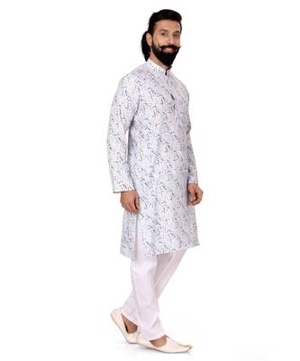 Men Off White Cotton Digital Printed Kurta Churidar Set 3