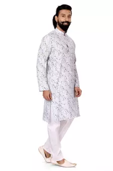 Men Off White Cotton Digital Printed Kurta Churidar Set
