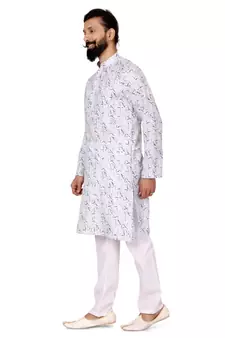 Men Off White Cotton Digital Printed Kurta Churidar Set