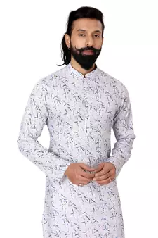 Men Off White Cotton Digital Printed Kurta Churidar Set