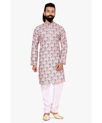 Men Light Pink Cotton Digital Printed Kurta Churidar Set 2