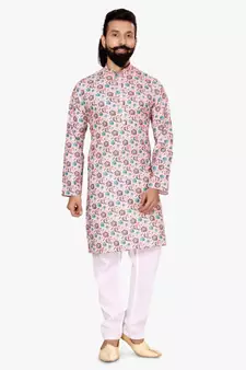 Men Light Pink Cotton Digital Printed Kurta Churidar Set