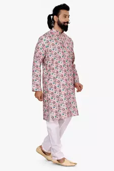Men Light Pink Cotton Digital Printed Kurta Churidar Set