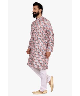 Men Light Pink Cotton Digital Printed Kurta Churidar Set 4