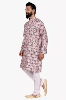 Men Light Pink Cotton Digital Printed Kurta Churidar Set