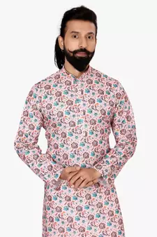 Men Light Pink Cotton Digital Printed Kurta Churidar Set
