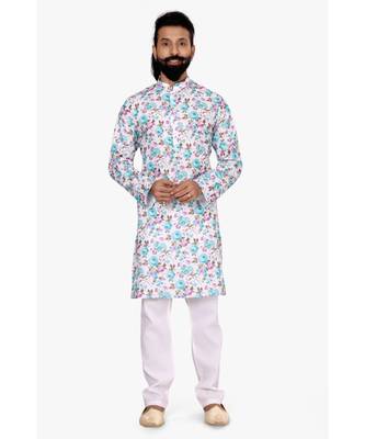 Men Off White Cotton Digital Printed Kurta Churidar Set 2