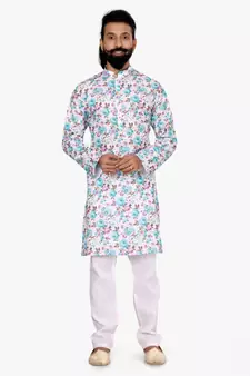 Men Off White Cotton Digital Printed Kurta Churidar Set