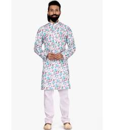 Men Off White Cotton Digital Printed Kurta Churidar Set