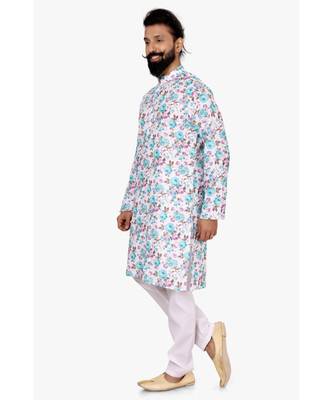 Men Off White Cotton Digital Printed Kurta Churidar Set 3