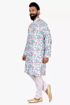 Men Off White Cotton Digital Printed Kurta Churidar Set