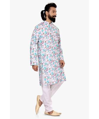 Men Off White Cotton Digital Printed Kurta Churidar Set 4